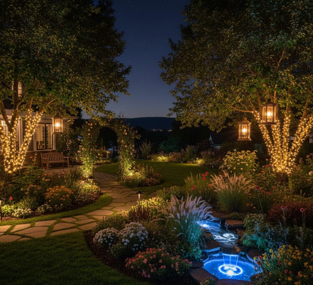 Valaistettu puutarha